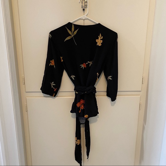 Zara Basic Black Floral Wrap Top 3/4 Sleeve - Picture 2 of 4